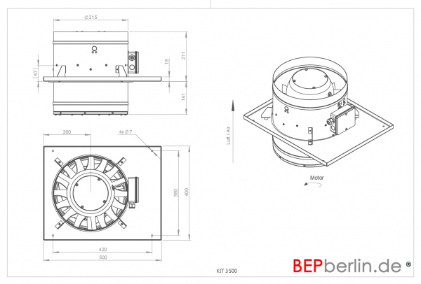 Haubeneinbau-Rohrventilator 3.360 m³/h, Ø 350 mm